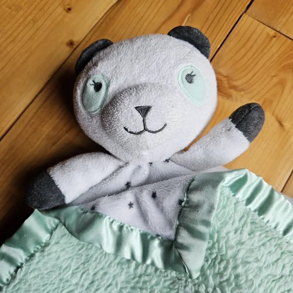 Cloud Island Panda Bear Lovey Mint Green White Stars Satin Baby Security Blanket